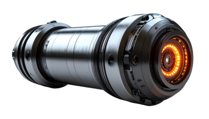 Futuristic cylindrical device with glowing lens