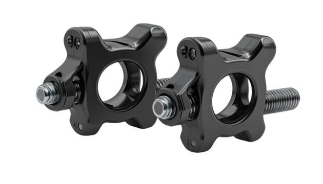 Two black metal adjustable clamps