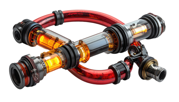 Intricate, glowing mechanical components, interconnected by tubes.  A futuristic design