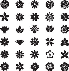 Flower vector icons set: floral design elements, black and white graphics eps silhouette