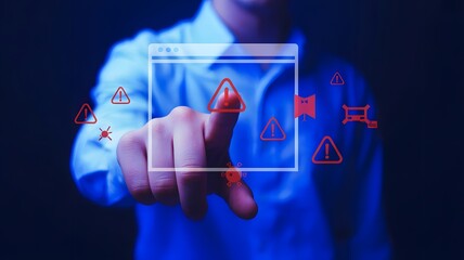 System warning alert on virtual interface with hand interaction. Concept of cybersecurity risk, data breach, malware, hacking, IT failure, and digital system vulnerability in modern technology