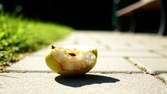 Close-up of a half-eaten green apple with a visible seed discarded on a concrete pathway bathed in bright sunlight creating a distinct shadow lush grass in boke