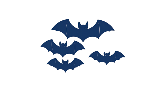 Four stylized dark blue bats on black
