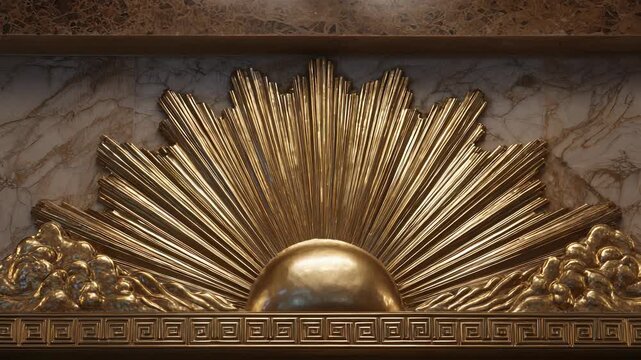 Golden Art Deco Sunburst Ornament with Clouds and Greek Key Pattern on Marble Wall, Interior Decoration Detail