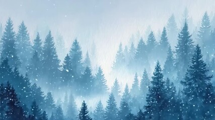 Beautiful winter landscape featuring watercolor forest trees under soft falling snow creating a serene and tranquil holiday atmosphere suitable for Christmas celebrations - Powered by Adobe