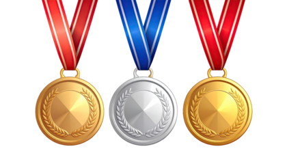 Three medals, gold, silver, and bronze, with ribbons