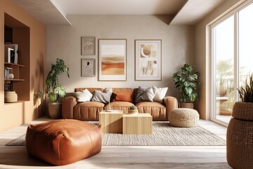 Modern beige living room with sofa home interior furniture decor