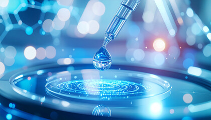 Droplet formation in lab setting with pipette and futuristic blue light, scientific research and innovation concept