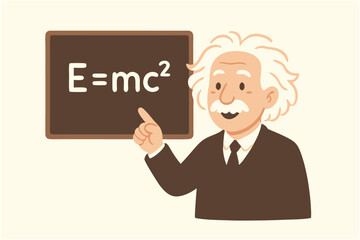 Cartoon physicist explaining the famous energy-mass equivalence formula on a chalkboard