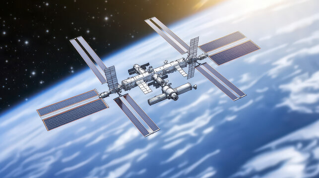 Detailed illustration of space station orbiting Earth, showcasing solar panels and futuristic design