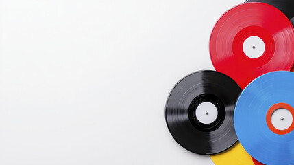 Colorful vinyl records arranged on white background create vibrant and nostalgic atmosphere, perfect for music lovers