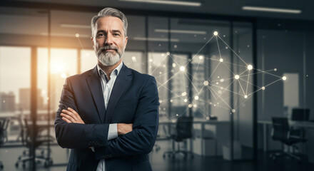 Confident senior businessman with arms crossed in modern office, representing global connection and success.