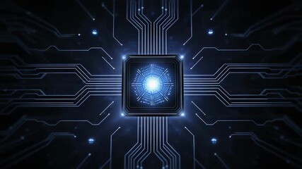 Futuristic microchip design with blue circuitry, representing advanced technology and digital innovation in a modern context.