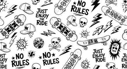 Dynamic skateboard pattern with skulls, caps, and lightning bolts for cool, edgy designs © Elsa