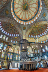 Obraz premium Blue Mosque Interior With Ornate Dome And Stained Glass Windows In Istanbul Turkey. Sultanahmet Camii prayer hall, Islamic, Iznik tiles, Ottoman