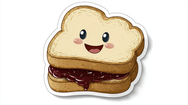 Cute cartoon sandwich with smiling face, featuring two slices of bread and jam filling, perfect for stickers or illustrations