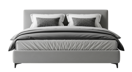 Modern bed with transparent base and isolated light gray upholstery. Contemporary interior aesthetics with layered pillow arrangement and simple design, png.