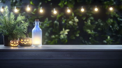 Enchanting nighttime scene featuring glowing pumpkins, decorative bottle, and lush greenery illuminated by string lights