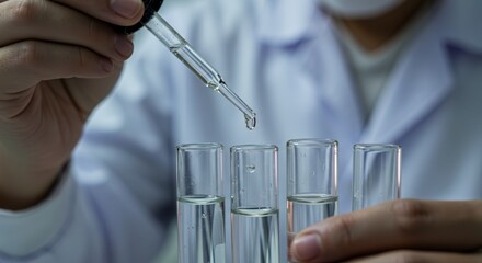 A lab technician performs research by adding liquid to test tubes