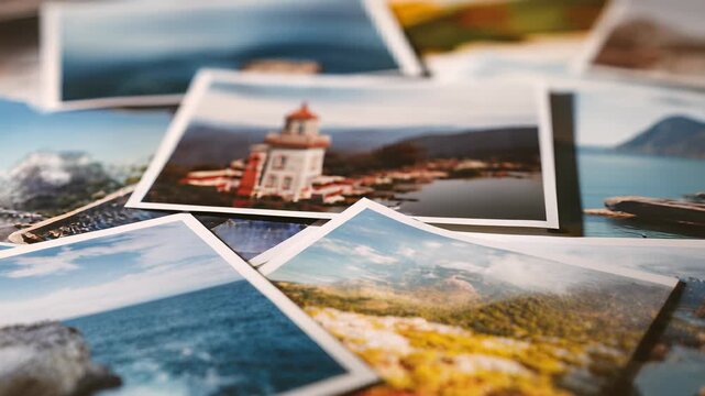 Pile of Printed Travel Photographs Featuring Scenic Landscapes, Seascapes, and a Lighthouse, Memories and Vacation Concept