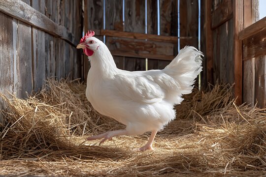 White hen walking in sunlit rustic barn with straw bedding - Powered by Adobe