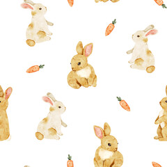 Seamless pattern with cute bunnies and carrots. Watercolor illustration. Hand drawn background for textile, fabric, wrapping, packaging, scrapbooking, wallpaper, kids and cozy rustic countryside decor