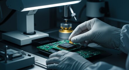 Precise Assembly: Microchip Placement on Circuit Board in Tech Laboratory
