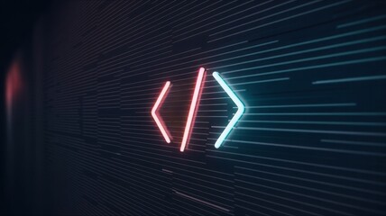 Dynamic neon code symbols glow with vibrant energy against a futuristic digital background