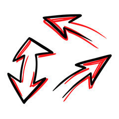 Three hand drawn red arrows forming a circular cycle on a plain black background