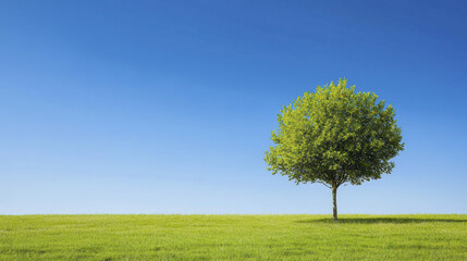 Vibrant green tree stands alone in lush field under clear blue sky, evoking sense of tranquility and peace