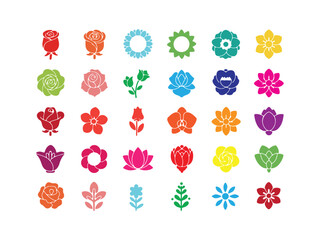 Vibrant collection of decorative flower icons in various styles and colors