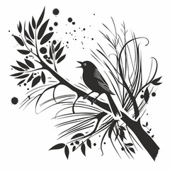 Stylized black silhouette of a singing bird perched on a branch surrounded by leaves and grass