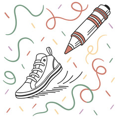 Playful drawing of a sneaker in motion with a crayon and colorful confetti and streamers