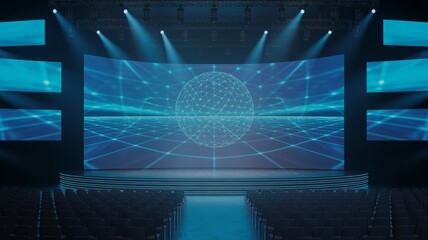Dynamic stage with glowing digital sphere and audience seats, perfect for tech presentations or futuristic events.