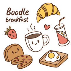 Cute kawaii breakfast food illustration with coffee croissant toast strawberry and drink