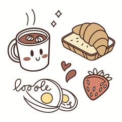 Cute kawaii breakfast set with hot chocolate croissant eggs and strawberry