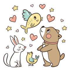 Cute cartoon dog rabbit bird and fish surrounded by hearts and stars
