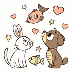 Cute cartoon dog and rabbit looking up at a fish and stars with hearts