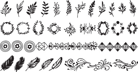Vector floral elements: leaves, wreaths, feathers, and borders - free download eps silhouette