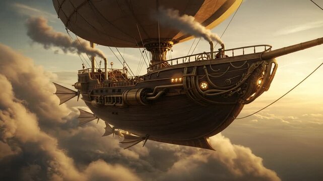 Steampunk airship soaring through clouds at sunset