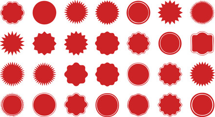 Circle sticker set. Wavy edge promo red badges. Star burst shape tags for price. Blank sale stickers. Simple silhouette. Flat vintage labels. Graphic illustration.
