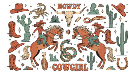 Fototapeta premium Cowgirl riding horse with cacti, boots, and scorpion in a Western-themed illustration