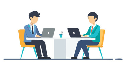 Two business professionals working on laptops at a table in a collaborative office environment