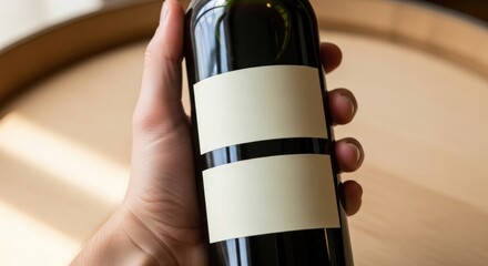 Hand holding a dark glass bottle with two blank cream-colored labels ready for custom branding or product information.