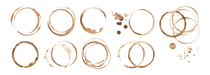Coffee cup or tea stain drink ring vector illustration set isolated on white background. Coffee stain mark trace ring cup spot trace. Brown round splashes of drink collection.