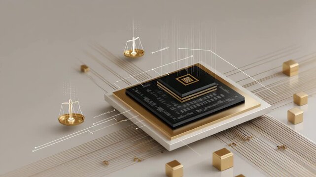 A computer chip is shown with a gold border. The chip is surrounded by a white background. Minimal conceptual infographic of AI microchip with floating law and ethics symbols, policy clean background