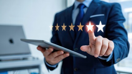 Professional businessman expertly rates service with glowing five stars on digital interface