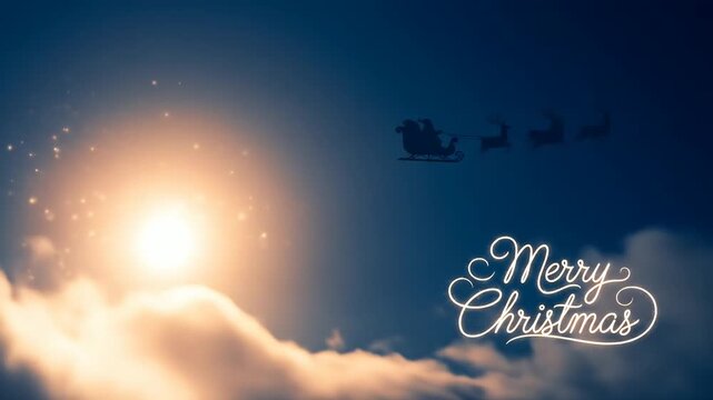 Santa Claus sleight and reindeer silhouette flying showing merry christmas message in the night and clouds