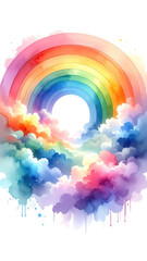 A vibrant rainbow arches over a colorful cloud formation