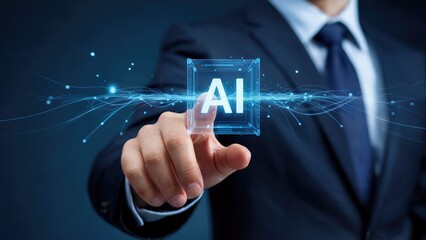 Professional businessman activating cutting-edge AI technology in a futuristic digital interface